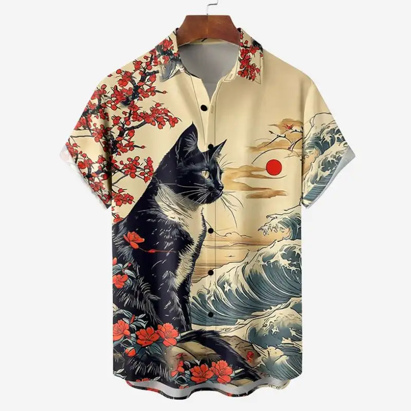 Men's Retro Short Sleeve Beach Shirt Summer Casual Ukiyoe Kitten Fishing Shark Print Hawaiian Shirts Men's Lapel Aloha Shirt - Image 6