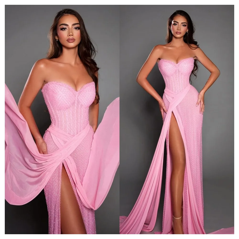 

Customized Elegant Pink Tulle Evening Dress Temperament Strapless Sleeveless Party Dress High Quality Straight Celebrity Gowns