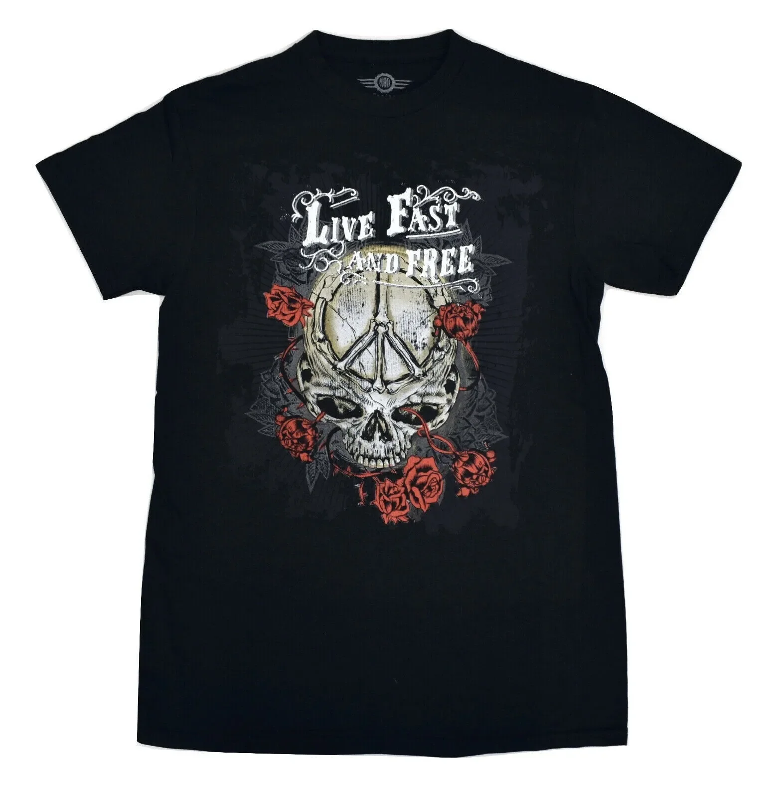 Camiseta negra Mad Engine para hombre Live Fast Live Free Peace Skull Roses, nueva, talla M