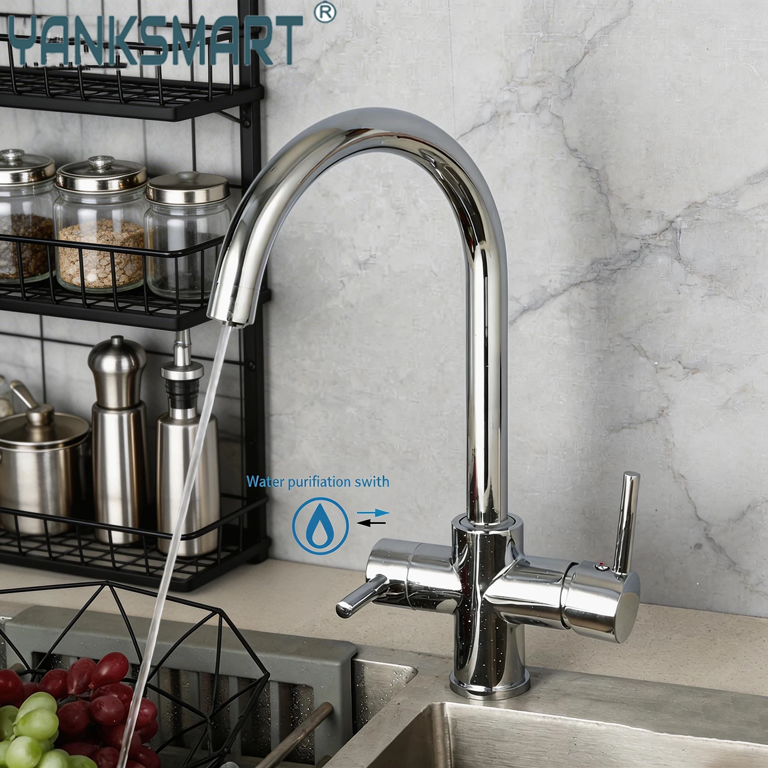 

YANKSMART 360 Swivel Kitchen Faucet Luxury Double Handle Taps Mixer Black Deck Mounted Brass Single Hole Sink Mixing Water Tap