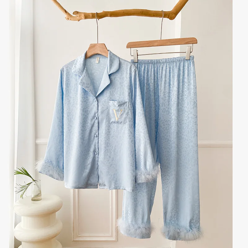 

Luxury Feather Pajamas Suit Embroider V Sleepwear Bride Home Clothes Silk Rayon Shirt&pants 2Pcs Loungewear Print Nightwear
