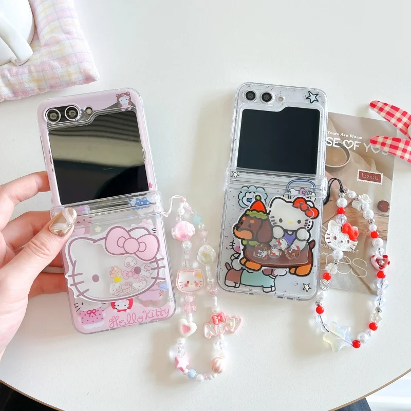 

Cute Cartoon mermaid hello kitty Folding shockproof Phone Case For Samsung Z Flip 6 Z 3 4 5 6 7 Funny Shake kitty Holder Cover
