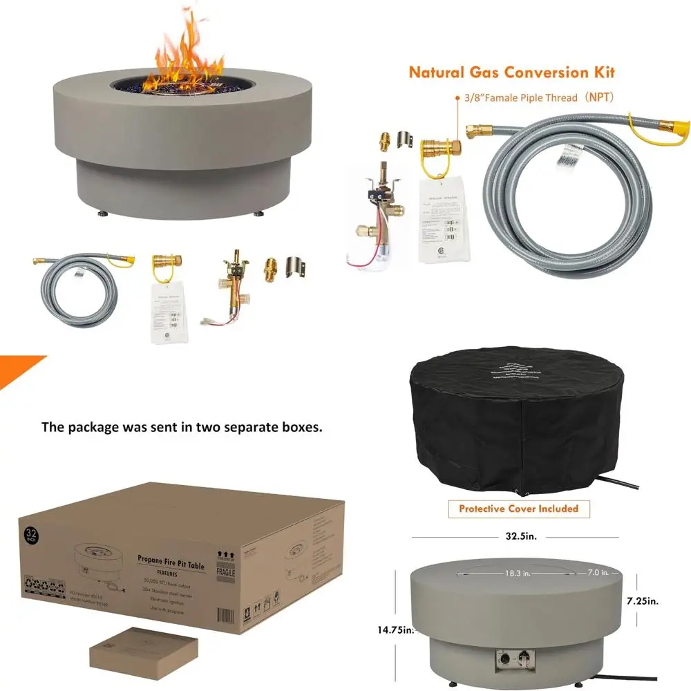 

32.5-inch Outdoor Gas Fire Pit Table with Natural Gas Conversion Kit, 50,000 BTU Propane Gas Fire Pit for Outdoor Patio with Rou