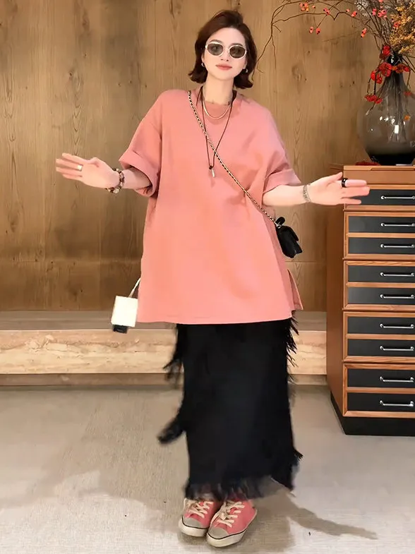 

Korean Style Stripe Loose Women's T-shirt And Tassel Skirt Two-piece Set Summer Casual Fashion Ensemble Age-defying Trend