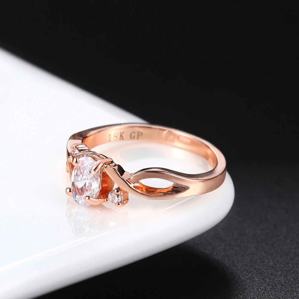 ZHOUYANG Wedding Rings For Women Simple Wavy Shape Four Claw Oval Cubic Zirconia Rose Gold Color Party Gift Fashion Jewelry R785
