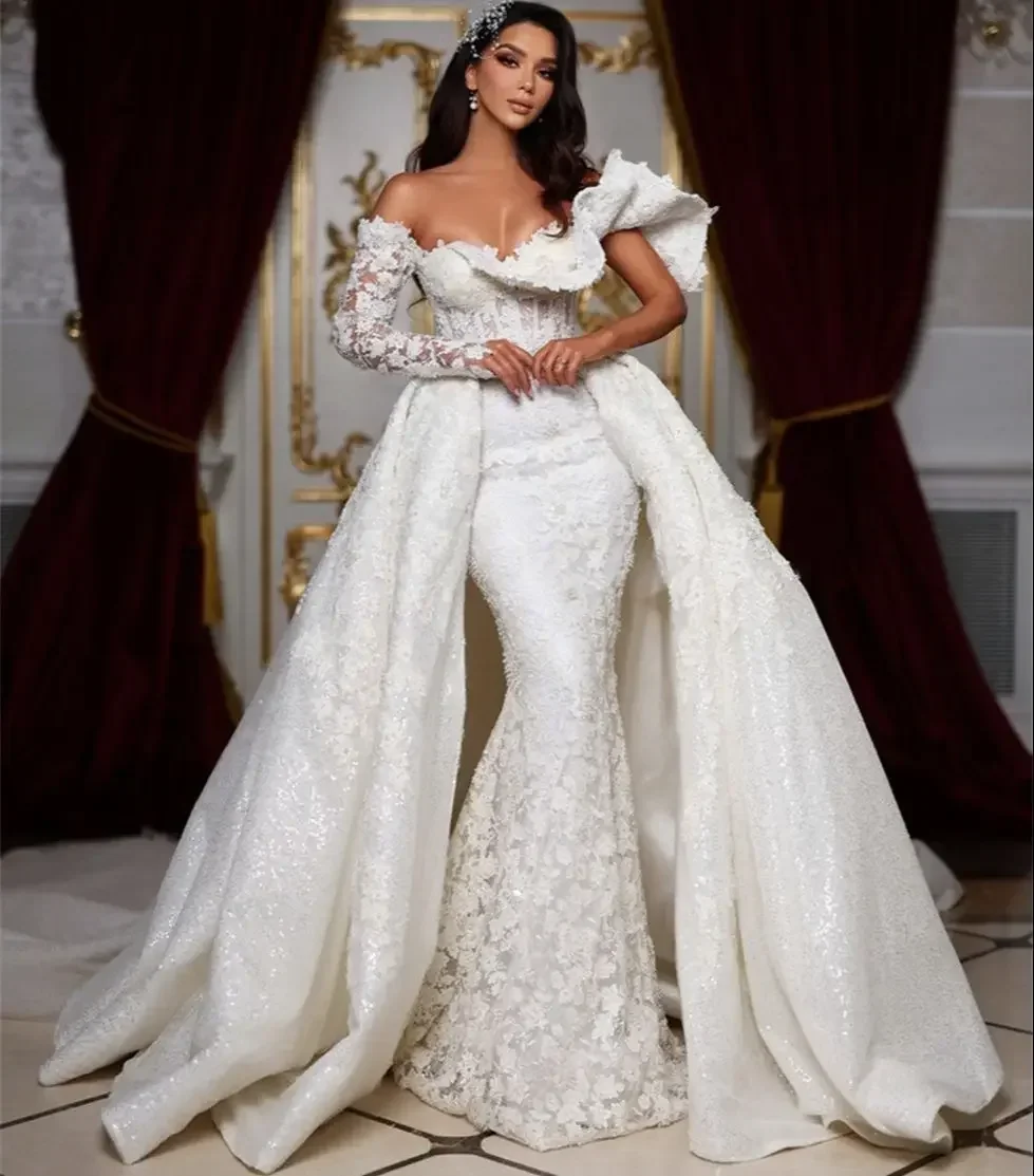 Personalizado querida renda apliques sereia vestido de casamento para noiva com trem destacável uma manga longa robe de casamento