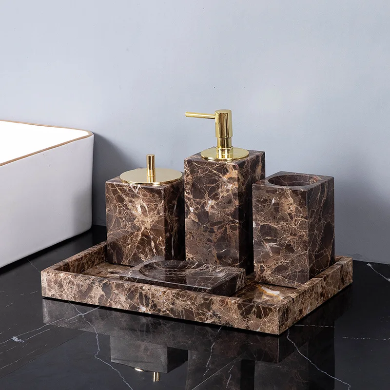 Wholesale Customized Emperador Dark Natural Marble Stone Bathroom Set Deep Brown Toothbrush Holder Soap Dish Dispenser Kit