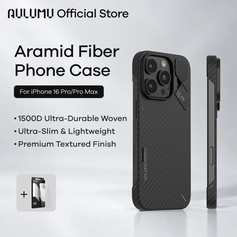 Aulumu A16 Aramid Fiber for iPhone 16 Pro Max Case 1500D Ultra Slim Woven Real Cooling for MagSafe Temp Alert Phone Film Set