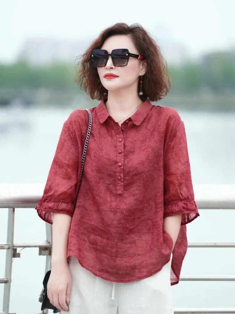 

100% Pure Linen Crew Neck Shirt Women Summer Fashion Lightweight Five-Quarter Sleeve Turn-down Collar Loose Fit Color