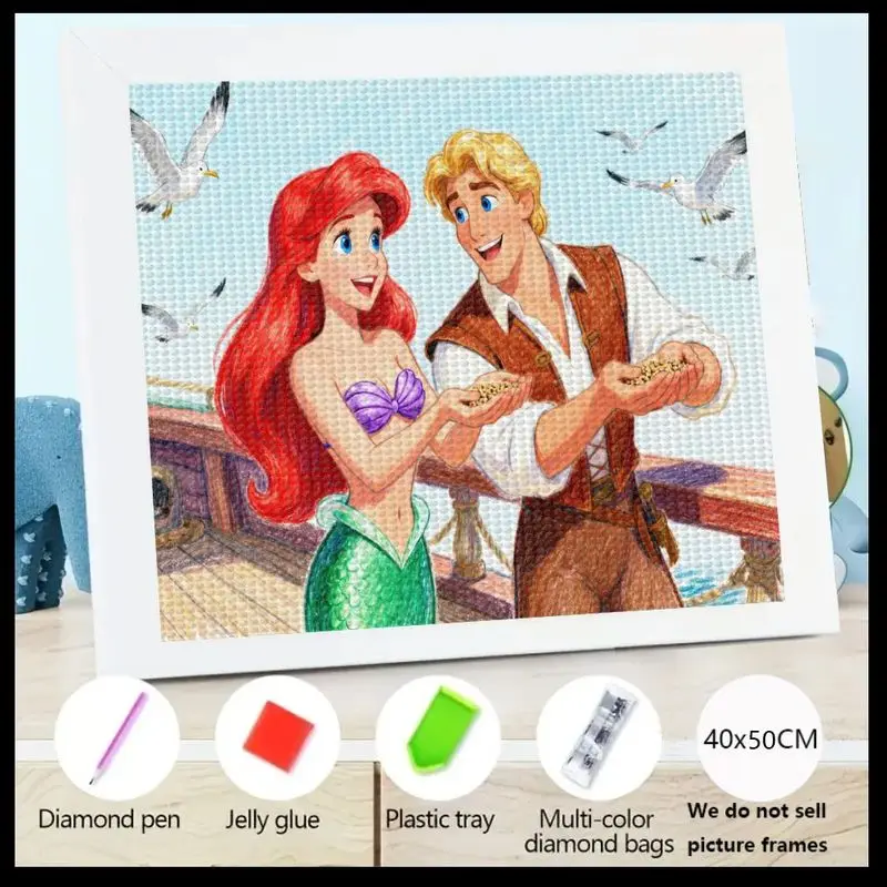 

5D полный дрель комплект алмазной живописи, сделай сам романтическая Русалочка Ариэль и принц Эрик пара кормления чайки сцена, сверкающий рис