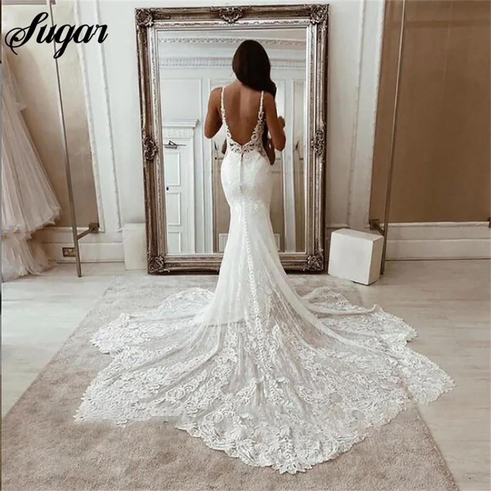 Lace Mermaid Wedding Dress Spaghetti Strap Tulle Backless Bridal Gowns Sleeveless Vintage Country Wedding Gown vestido novia