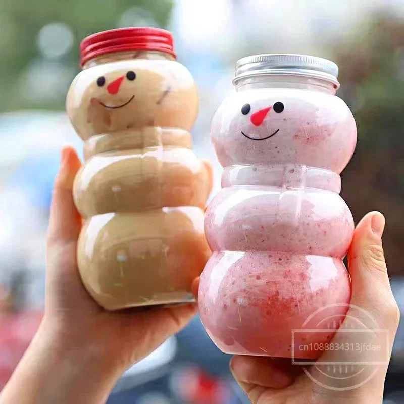 Christmas Snowman Shape Milk Bottles Clear Plastic Candy Biscuits Food Storage Container Juice Tea Jar Gift Box Xmas Party Favor