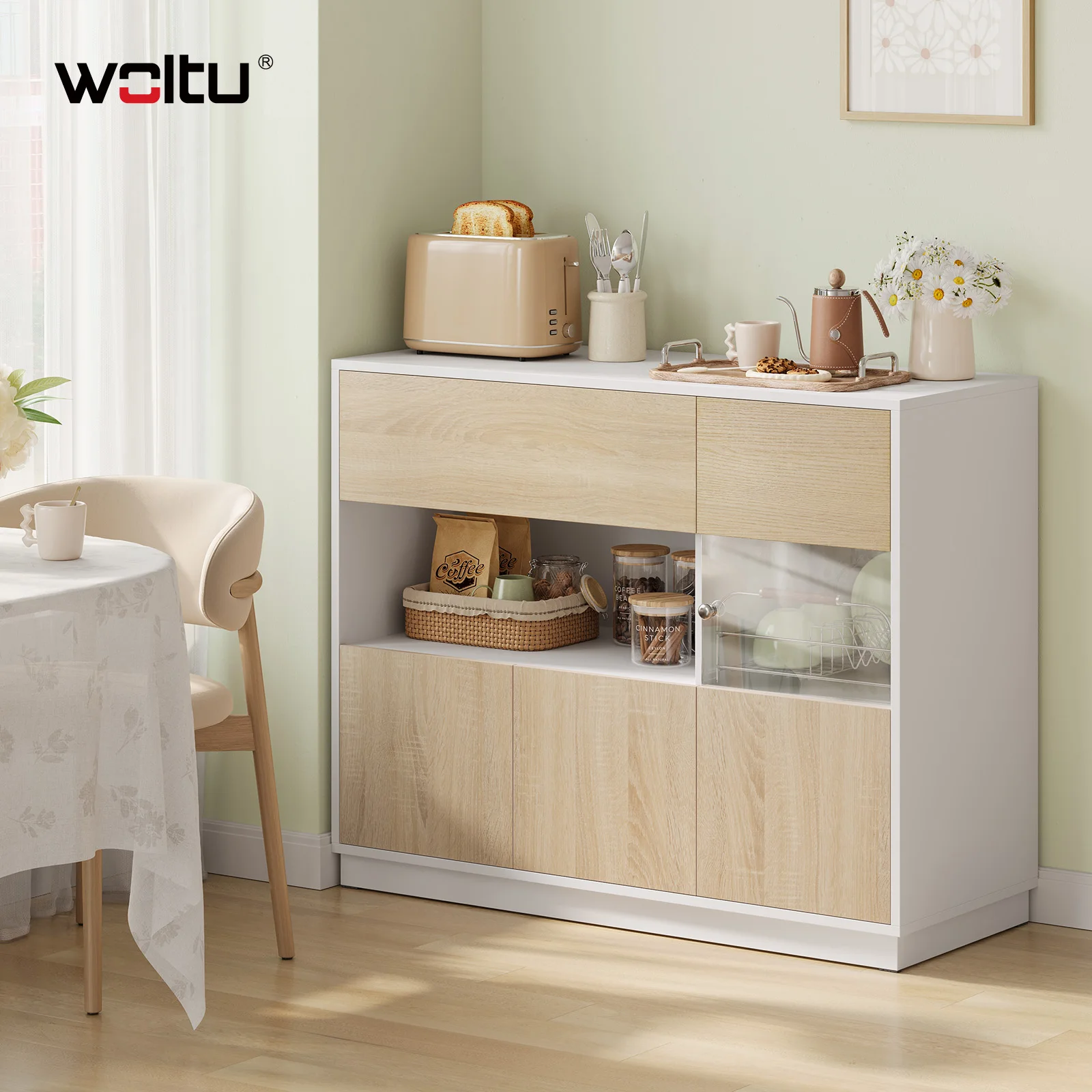 WOLTU Modernes Wohnzimmerschrank-Sideboard, 100 x 80 x 40 cm, Kommode mit Stauraum, Tür aus Holz, für Schlafzimmer, Flur, Aufbewahrung