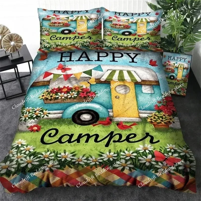

Camping Car Duvet Cover Travel Theme Bedding Set Cartoon Animal Camping Comforter Cover Full King For Teens Adult Camper Gifts