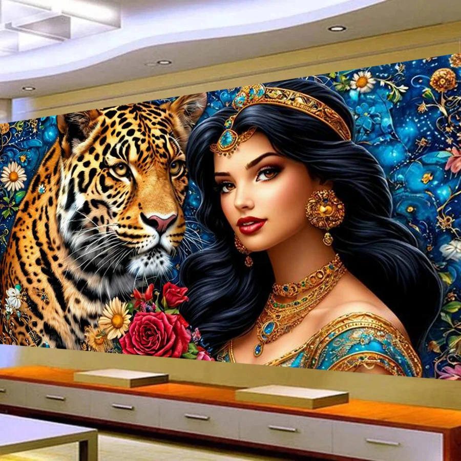 

Fullcang Princess and Leopard Diy Diamond Arts Painting New 2025 Beauty Animals Full Mosaic Embroidery Picture Size 200x100cm