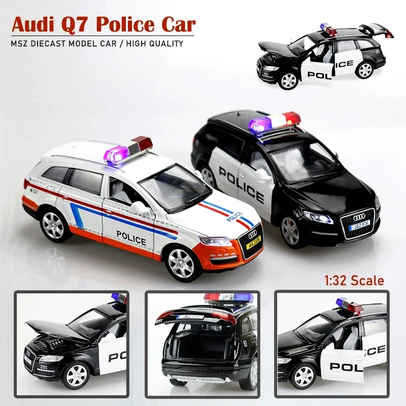 1:32 Audi Q7 modele samochodów policyjnych Diecast Alloy Vehicles Pull Back 4-drzwiowe otwierane dźwięk i światło Zabawki dla dzieci F229