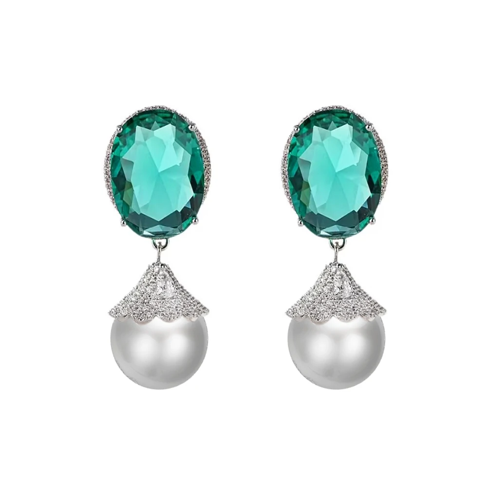 ThreeGraces Elegant Green Cubic Zirconia Big Simulated Pearl Drop Earrings for Women Luxury Bridal Wedding Party Jewelry E1933