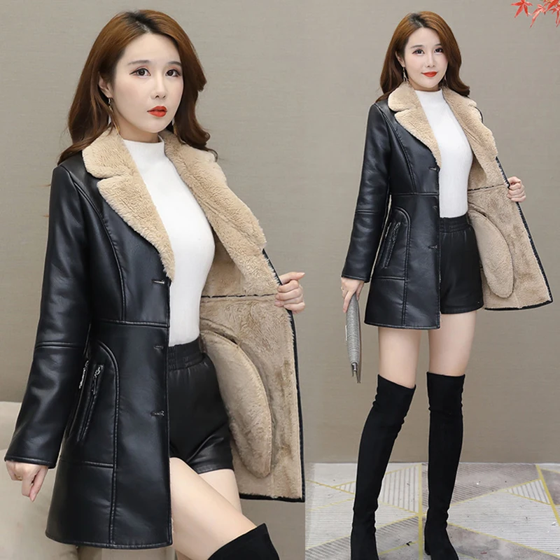 Women's PU Jacket 2024 New Style Autumn Winter Thick Velvet Korean Version Slim Fax Leather Jacket