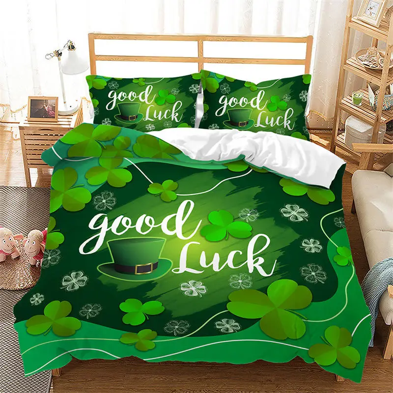 4 Leaf Shamrock Clover Duvet Cover Irish Culture 3D Flowers Bedding Set For Kids Adults St. Patrick's Day Celebrate Party Decor