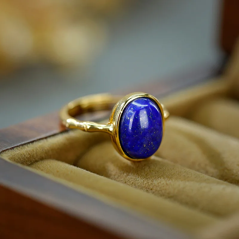 

S925 Посеребренное кольцо из лазурита Бамбуковое кольцо Изысканное кольцо из натурального лазурита в форме яйца