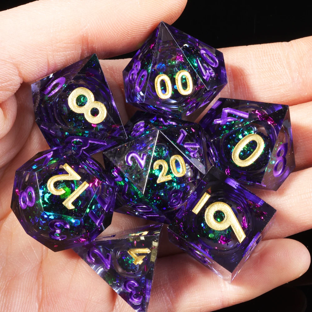 MINI PLANET Handmade Liquid Core Amethyst Dice Set 7pcs Polyhedral Resin DND Dice For TRPG Table Games Dice with Sharp Edges