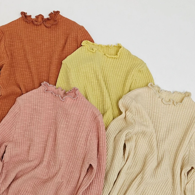 

Новинка осени 202, однотонная трикотажная базовая рубашка с длинными рукавами для девочек, мягкий и удобный вязаный топ для девочек, детская одежда