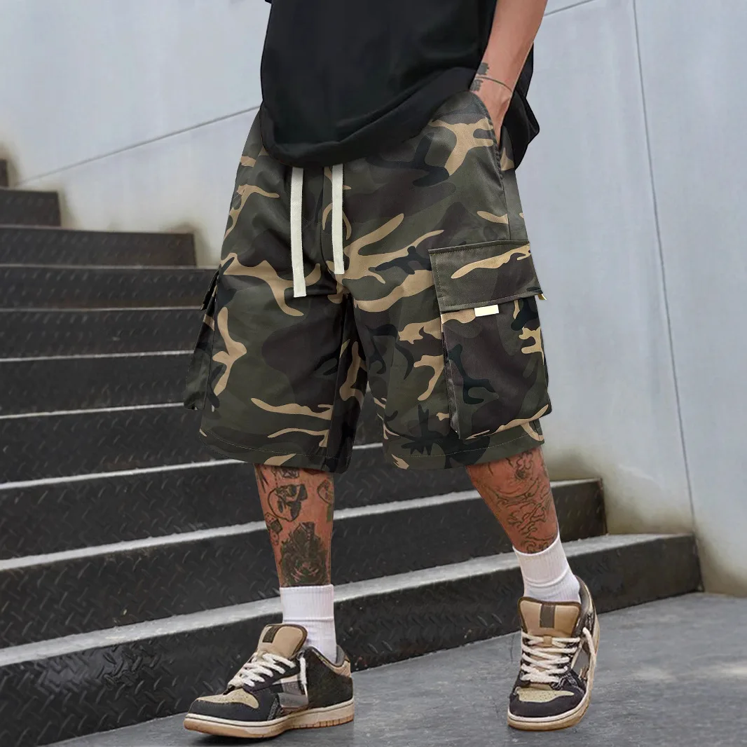 

European American Summer New Fashion Men's Casual Trendy Camouflage Simple Basic Daily Loose Knee Length Shorts Male Clothes