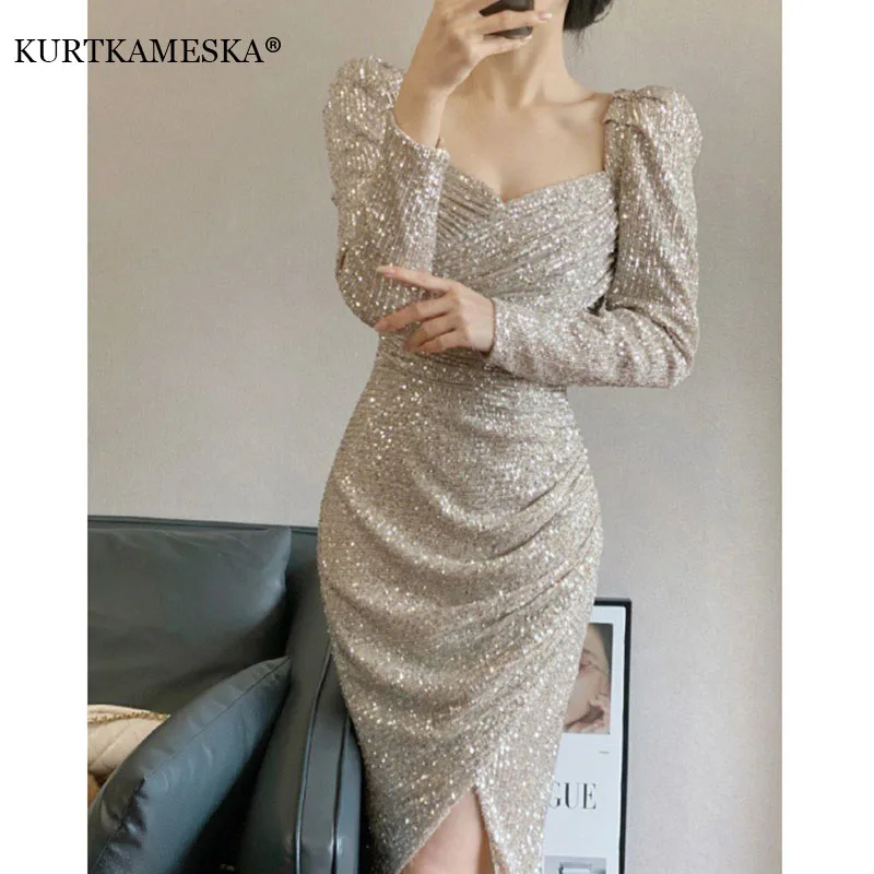 Luxury Mermaid Evening Dresses for Women Elegant Formal Long Party Dress Cocktail Wedding Dress With Sequins Square Neck Dress