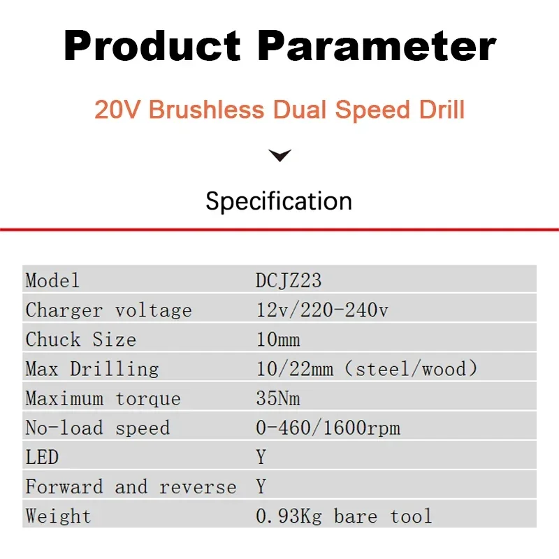 Dongcheng DCJZ23 Cordless Electric Drill Brushless Professional Tool 12v 35Nm 1600rpm Dual Speed Universal Battery Platform