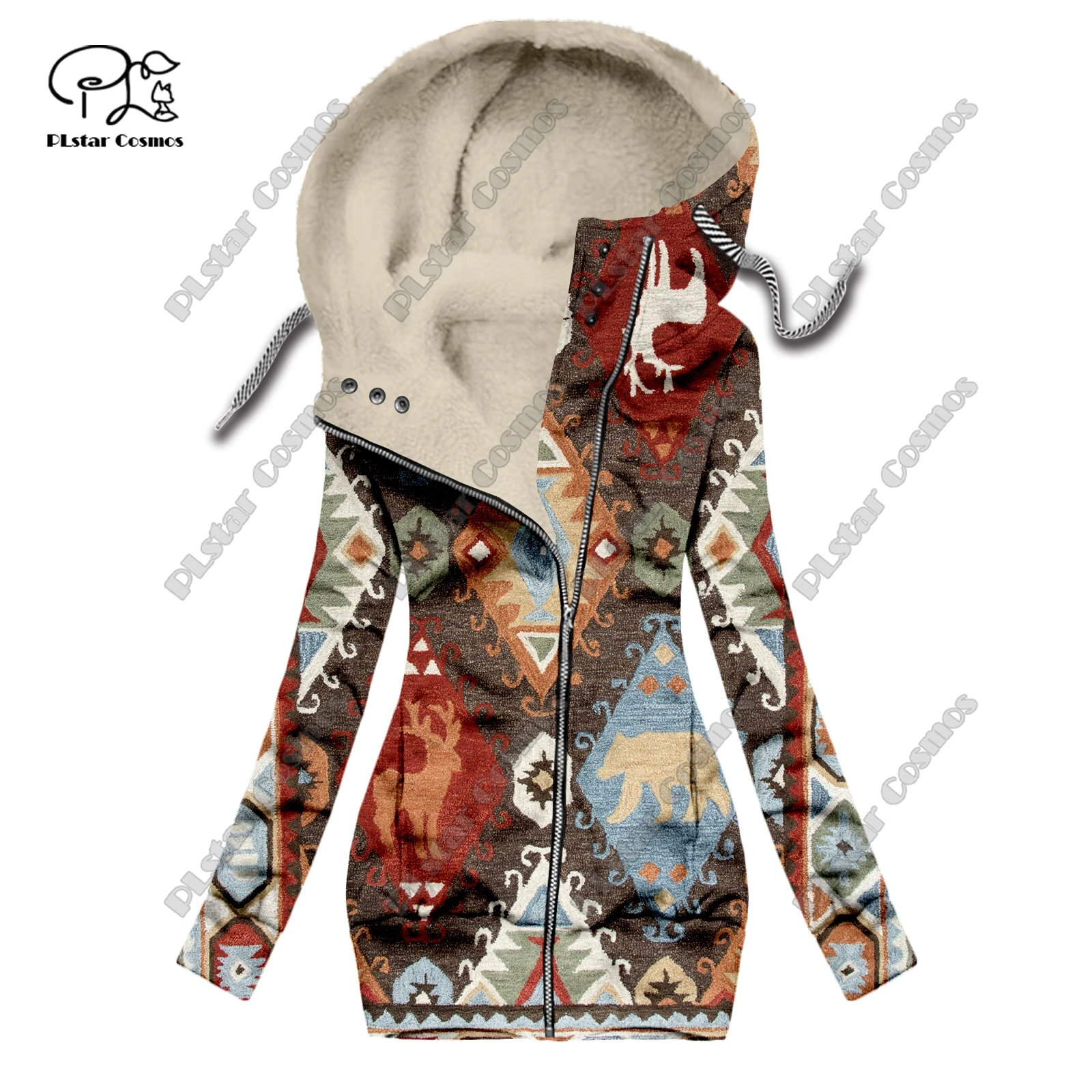 Nueva serie retro con estampado 3D, alfombra floral, patrón de tótem, además de terciopelo cálido, sudadera larga con cremallera para mujer, F-1 informal de invierno