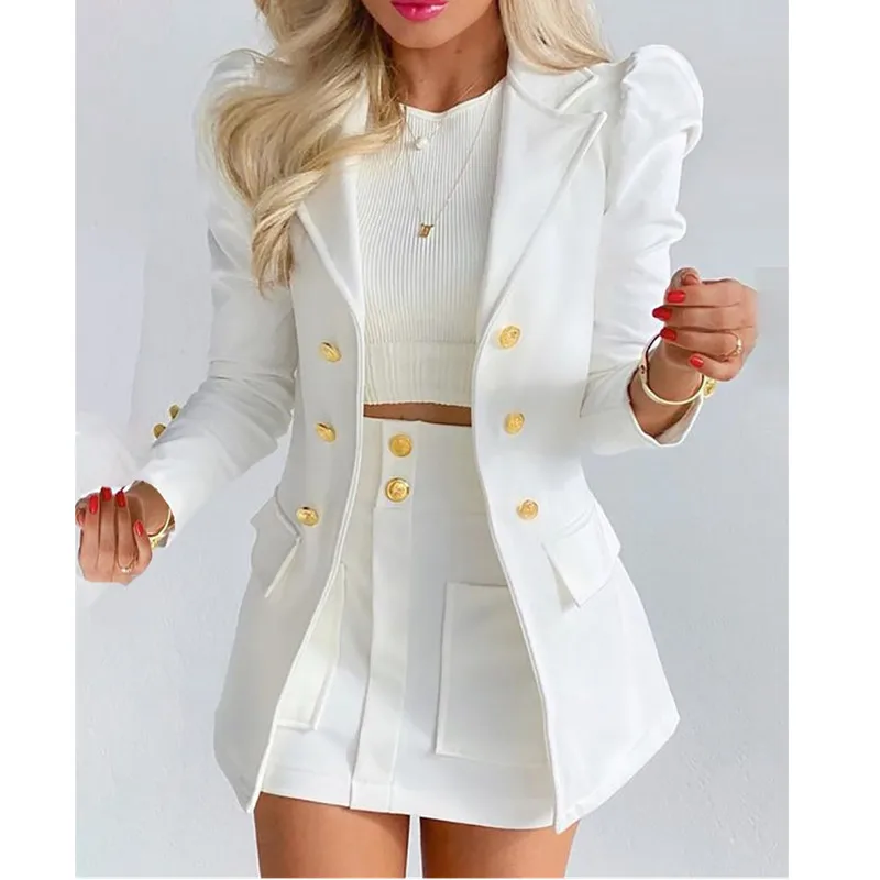 Cacocala 2023 Spring New Suit Long-sleeved Solid Color Women Top Mini Skirt Two-piece Female Blazer