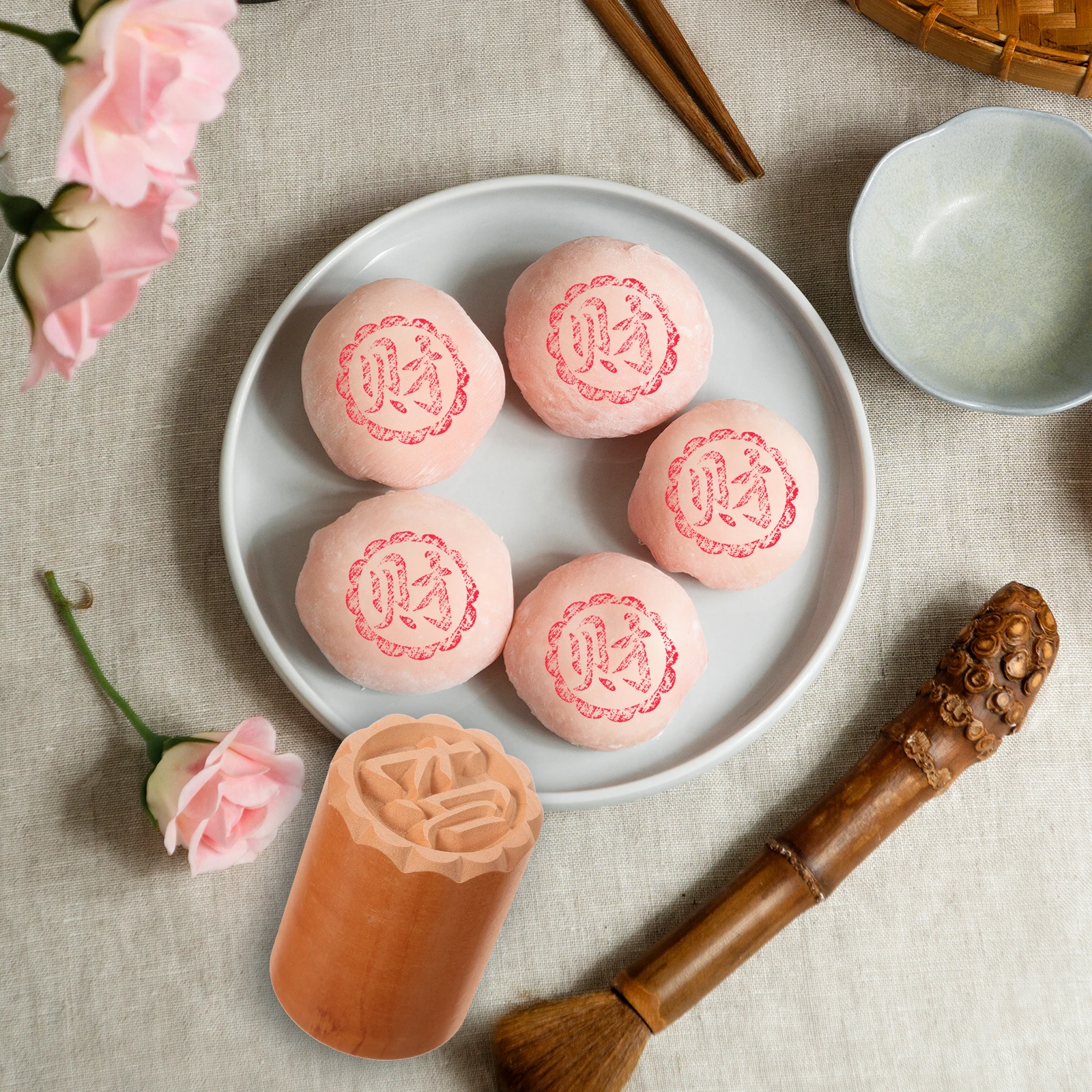 

4 Pcs Pastry Stamp Cake Decorating Tools Wood Cookie Stamper Fondant Mooncake Seal