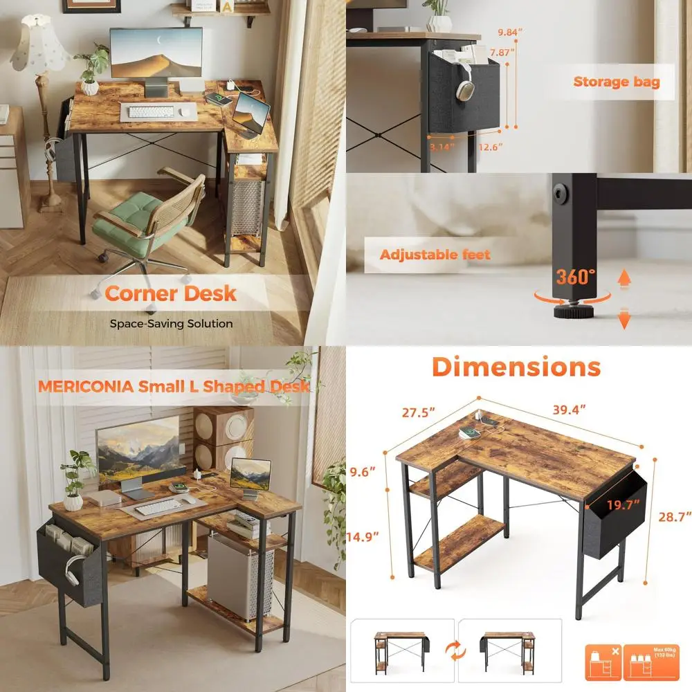 

Compact Corner Gaming Desk with Power Outlets, Space-Saving L-Shaped Desk for Home Office and Study, featuring Reversible Storag