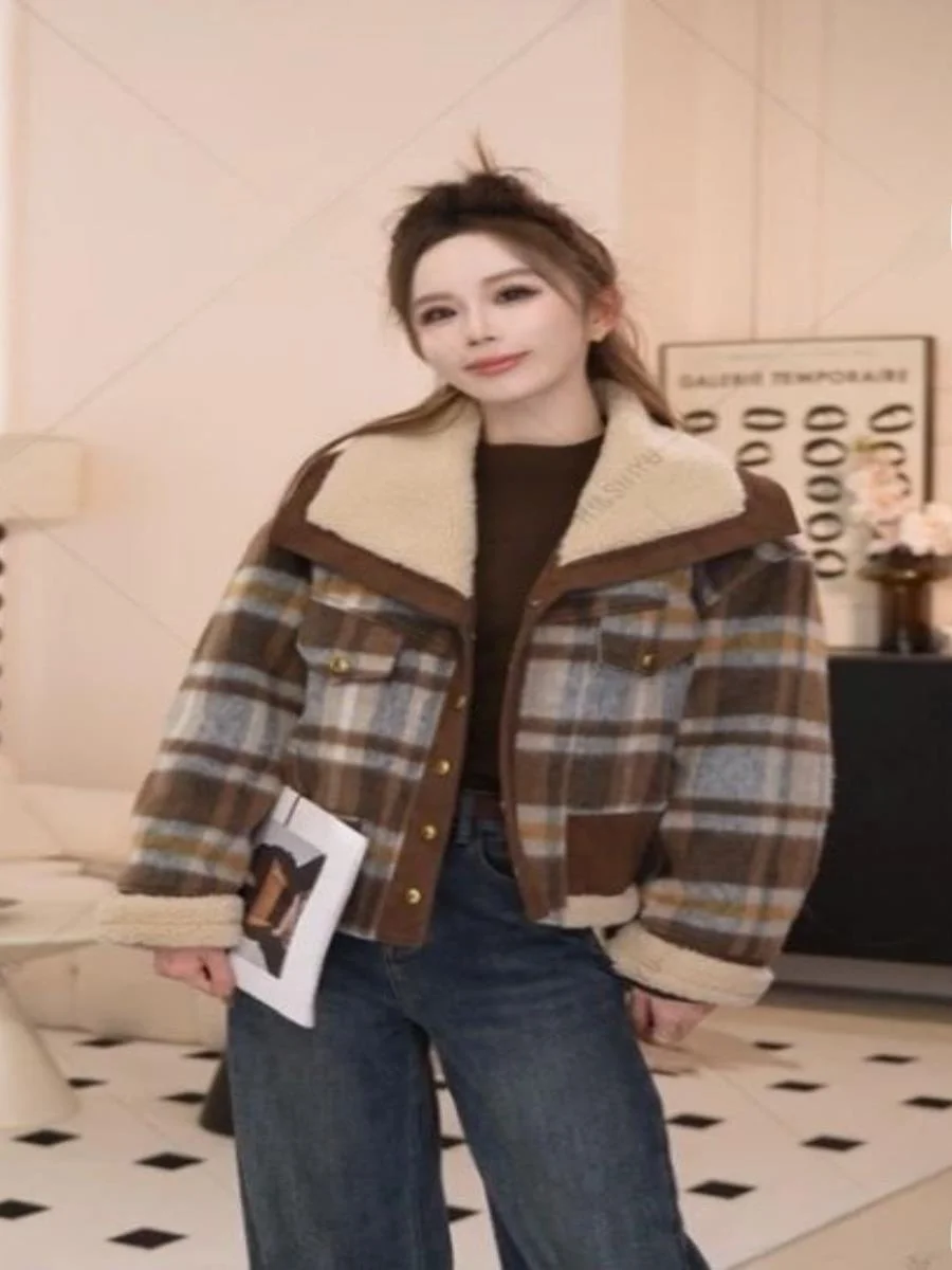 

Women's Plaid Woolen Jaet ort Thiened Casual Sle Autumn Winter New Korean Version Warm Top Soft Comfortable Material