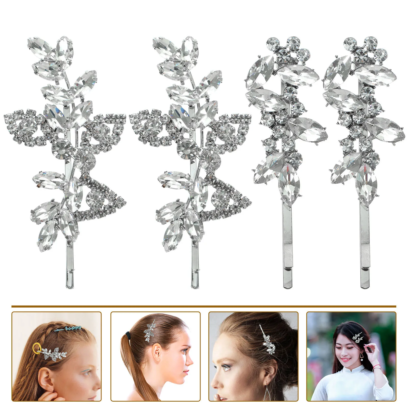 

4 Pcs Rhinestone Hairpin Combination Bridesmaid Clip Women Crystal Hair Accessories Bobby Pin Decorative Thick Thin Hair
