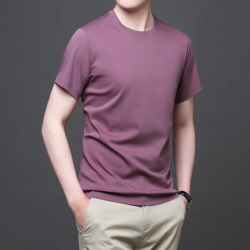 Mercerized Cotton Short-Sleeved T-Shirt Men's Round Neck Summer Business Leisure 80 Cotton Loose Solid Color Tops