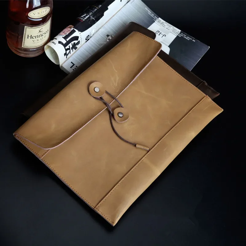 Thick Crazy Horse Genuine Leather Document Bag A4 Men briefcase Portfolio Brown Clutch Purse Envelope Bags for ipad Vintage