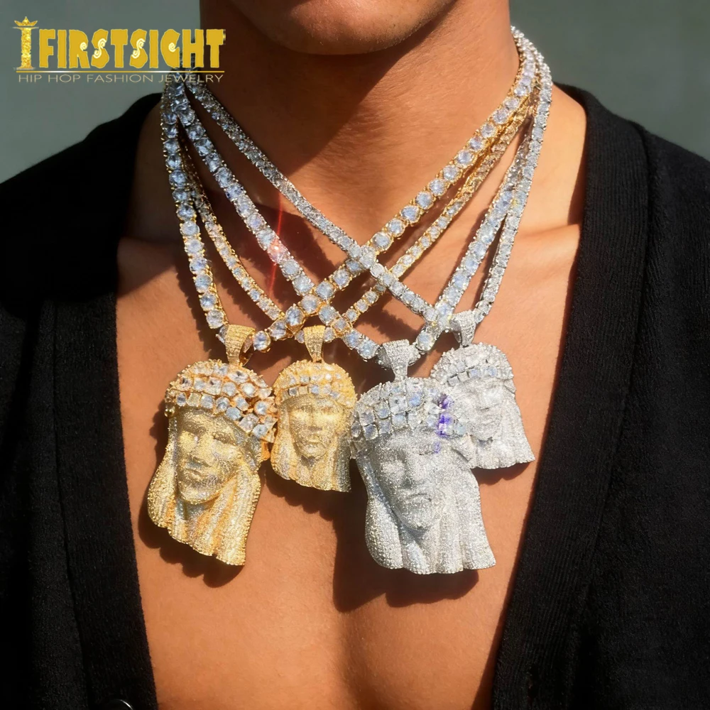 New Iced out Jesus Head Pendant Necklace White Tennis Chain Bling CZ Zircon Faith Charm Religious Design Men Hip Hop Jewelry