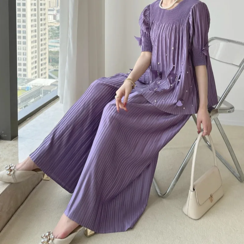YFPF Women Pleated Beading Bow Spliced Design 2 Piece Set Short Sleeve Tops + Wide Leg Trousers Summer New Clothing 3A294