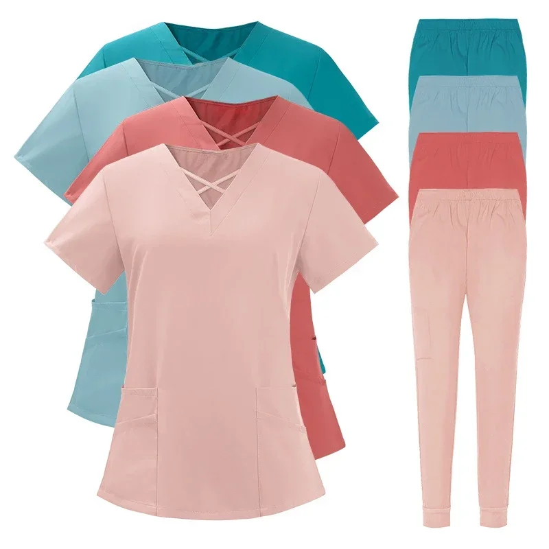 

Women Wear Stylish Scrubs Sets Medical Suits Hospital Uniform Doctors Nursing Tops And Pant Suits Solid Color Surgical Uniforms