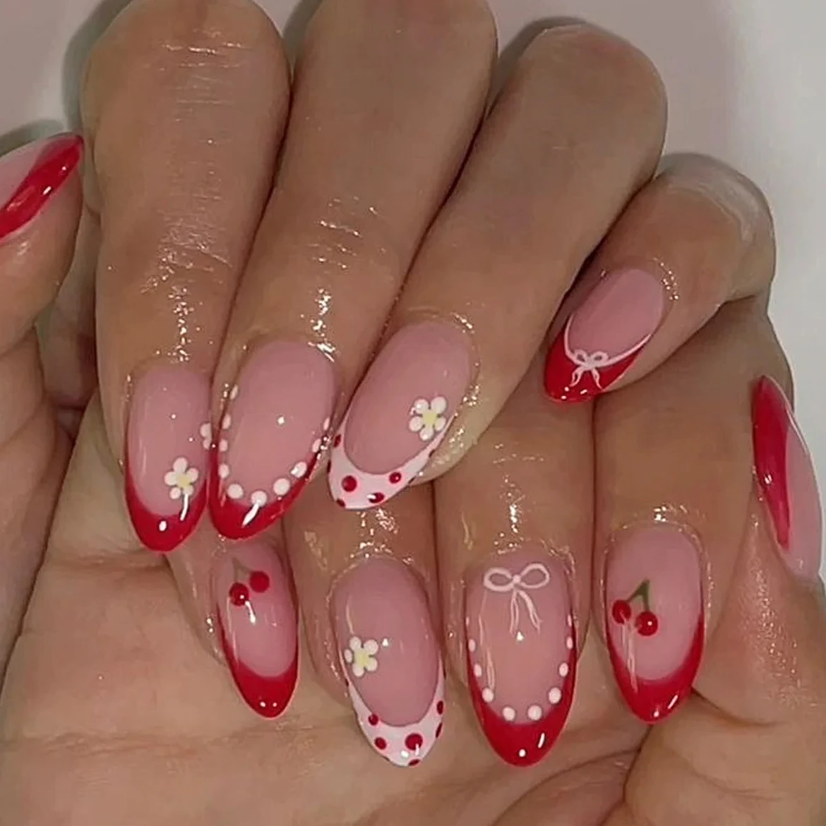 

Red Cherry Bowknot Dot Flowers Butterfly Pearl Almond False Nails Long Pointed Fake Nails Art Rhinestones Press on Nails Charms