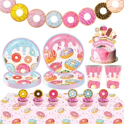 Donut Theme Disposable Tableware Paper Plates Cups Napkins Banner Balloon Girls Donut Theme Birthday Party Decoration Supplies