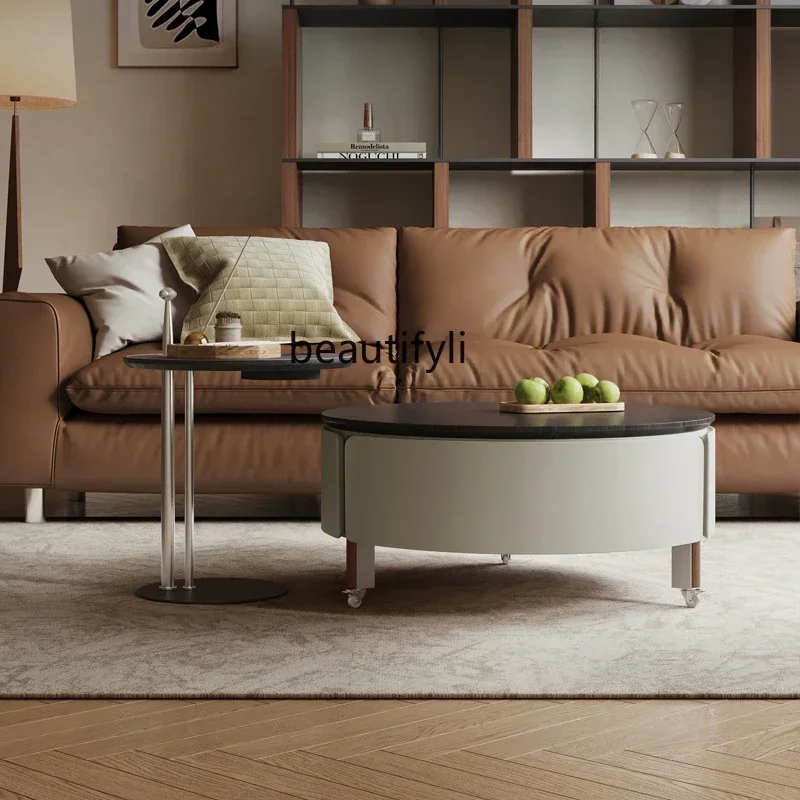 

Y Italian minimalist coffee table, movable small apartment designer creative simple modern saddle leather round coffee tableA16