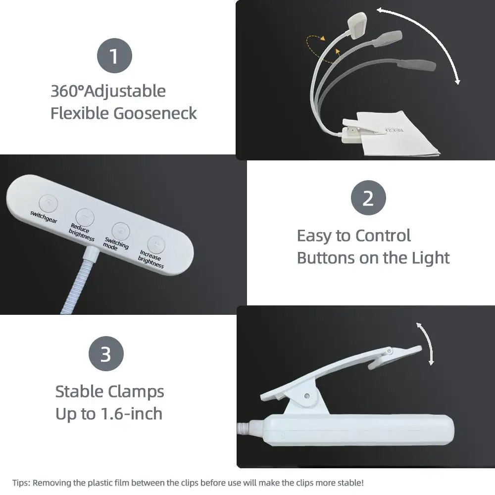 USB قابلة للشحن LED القراءة مصباح كتاب المشبك القراءة الخفيفة 3 درجات حرارة اللون للعمل القراءة طالب عنبر ضوء الليل