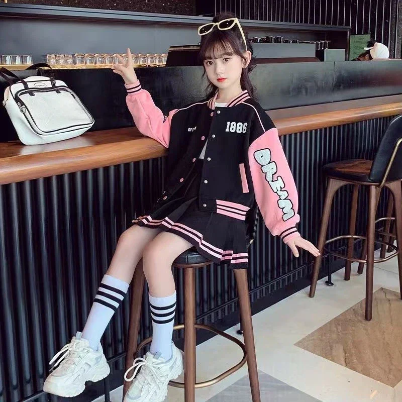 Autumn Children Girl Clothes Baseball Jacket Uniform Coat and Pleated Skirt 2pcs Letter Suit Teenage Contrast Striped Sets