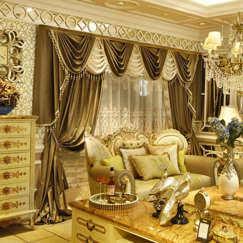 Luxury Palace Simple European-style Curtains for Living Room Velvet Valance Villa Window Curtain Bedroom White Tulle Customize