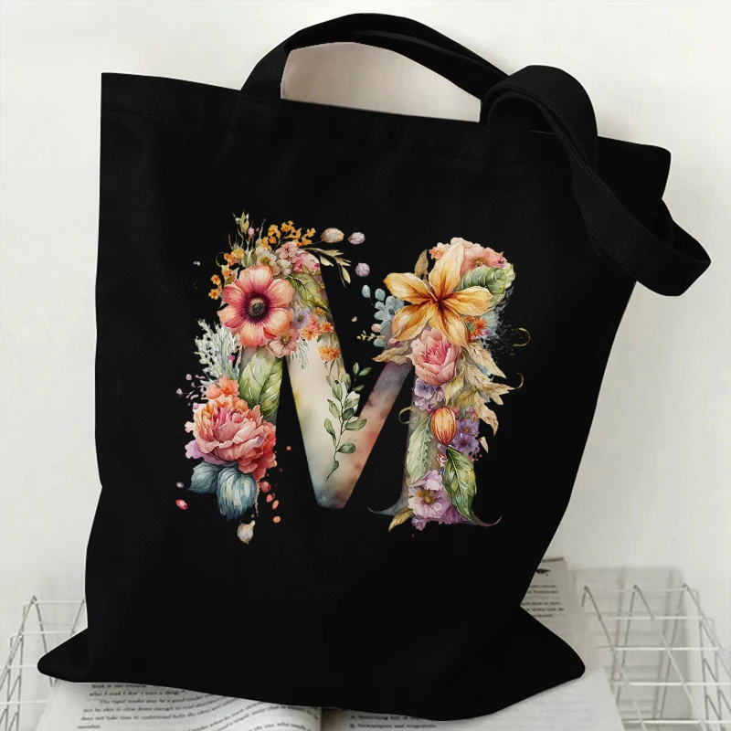 26 Alphabet Flower Canvas Tote Bag for Women Handbag Harajuku Animal Shopper Bags A-Z Letters Graphic Female Shoulder Bag