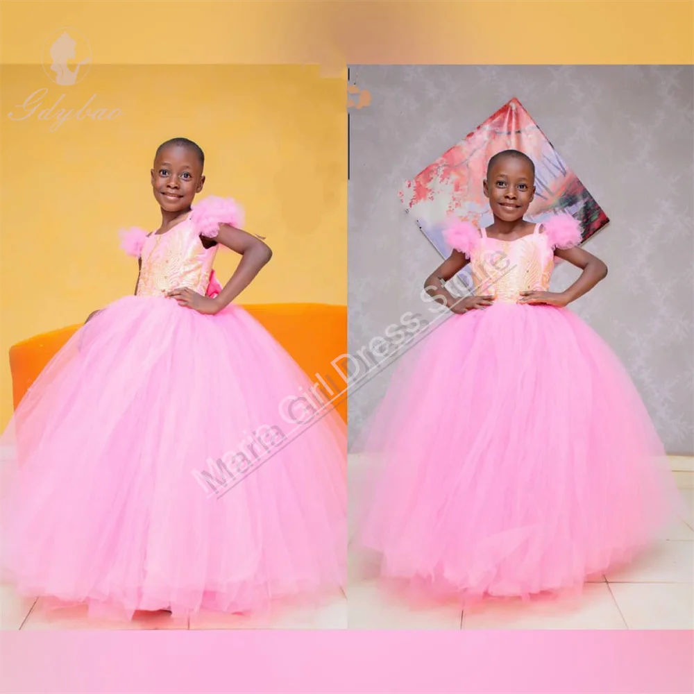 

Light Pink Spaghetti Straps Flower Girl Dresses For Wedding Applique Beauty Pageant Kids Birthday Prom Pageant First Communion