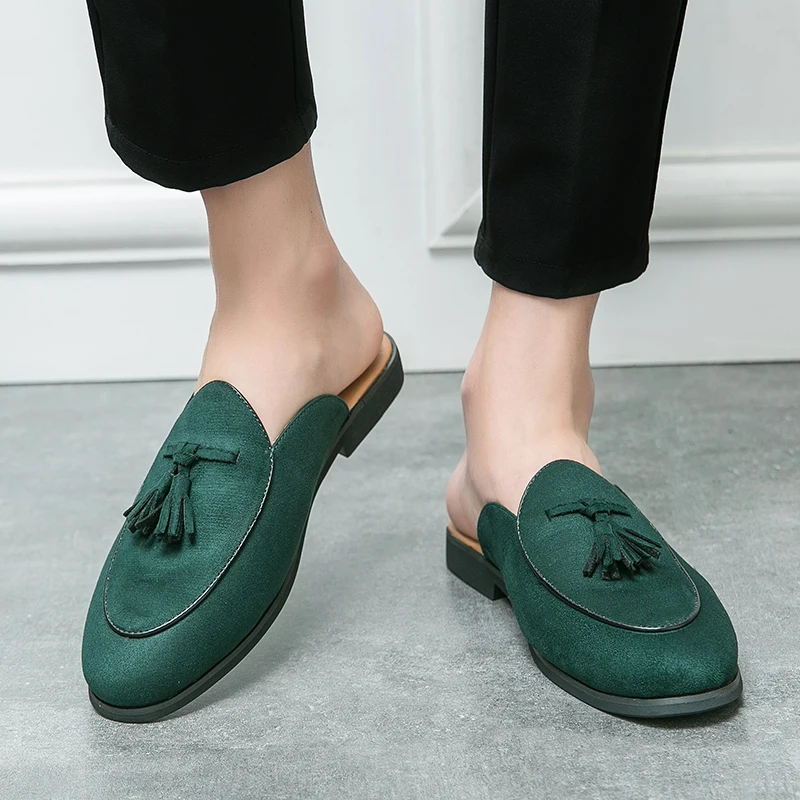 Summer Half Slippers Suede Shallow Mouth Loafers Flat Bottom Comfortable Soft Sole Men Casual Designer Shoes Half Slippers Men