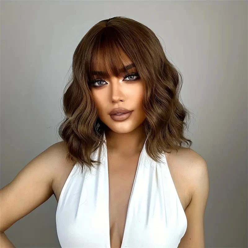 Brown 14 Inch Bob Curly Wavy Hair Wigs With Bangs For Women Synthetic Fiber Natural Short Curly Hair Wigs Shoulder Length Cut Bo